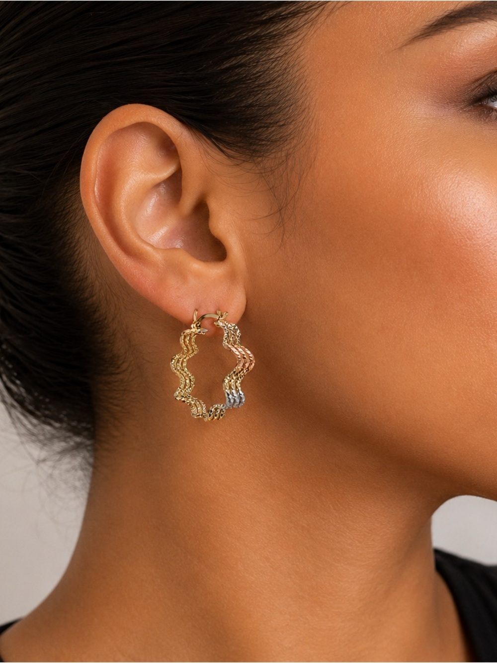 14K Gold Filled Tri Color Twisted Rope Star Flower Hoop Earrings Women